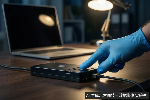 深色木桌上,一只戴蓝色手套的手正按压一个黑色外接硬盘上的按键,硬盘通过线缆连接,背景有一台银色笔记本电脑和台灯。