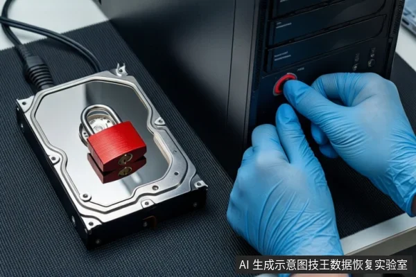 黑色桌面上,戴蓝色手套的双手正按压黑色塔式主机正面的红色电源按钮。左侧平放一块打开外壳的机械硬盘,盘片上方放置一个红色挂锁,并连接着黑色数据线。