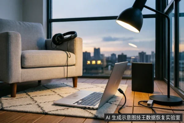 画面展示了一个靠近落地窗的居家办公角落，木地板上铺着地毯。一台笔记本电脑正在运行，旁边放置着一个黑色的3.5寸移动硬盘盒及连接线缆，座椅扶手上放着一副耳机，背景为城市黄昏景色。