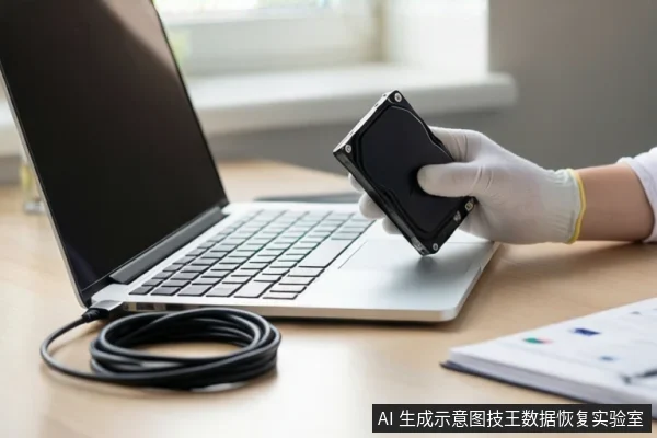 木质桌面上放置一台打开的银色笔记本电脑,左侧有一卷黑色线缆。右侧一只戴白色手套的手正握持一块黑色机械硬盘,悬停在电脑上方。背景为模糊的窗户。