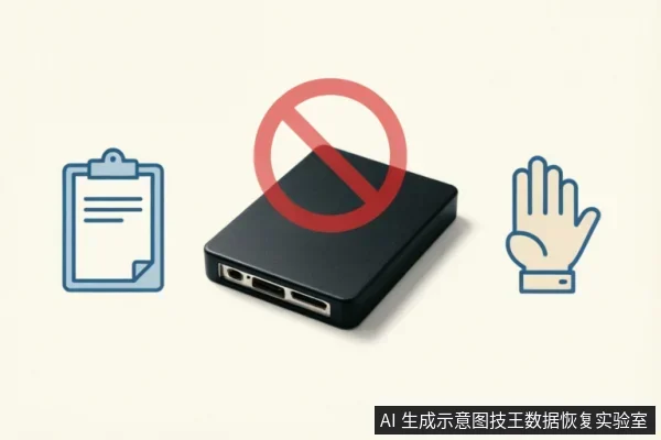 画面中央为一个黑色移动硬盘,上方覆盖红色禁止符号。左侧为蓝色剪贴板图标,右侧为示意停止的手掌图标。整体视觉传达了在硬盘故障时立即停止操作、禁止通电及记录设备状态的含义。
