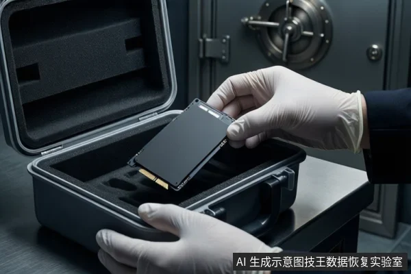 深色台面上,一双戴白色手套的手正握持一块黑色固态硬盘,将其悬停在一个打开的黑色防震箱上方。背景可见金属保险柜门。