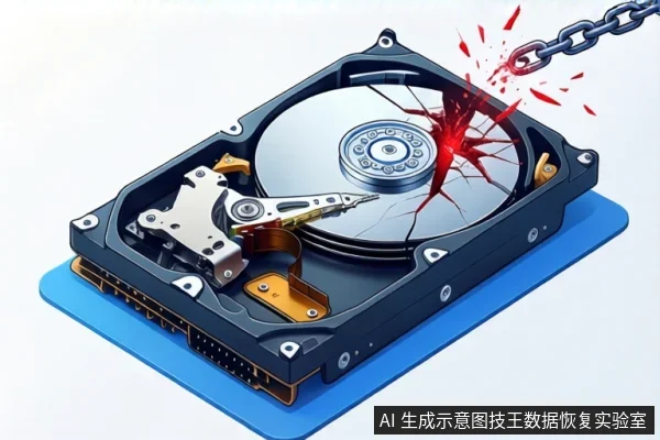 白色背景中,一块打开外壳的机械硬盘平放在蓝色底座上,盘片表面有红色裂纹和断裂链条,象征物理损坏。