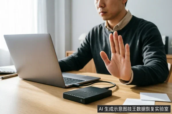 一名男子坐在木质桌前,面前摆放着连接了黑色外接硬盘盒的笔记本电脑。他神情严肃,举起左手掌心向外做出明确的“停止”手势,示意暂停操作或拒绝执行某项指令,桌上还有几张白纸。