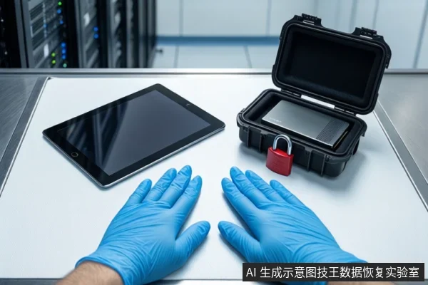 白色桌面上，前景一双戴蓝色手套的手平放。左侧平放一台黑色平板电脑，右侧为一个打开的黑色防震箱，箱内平放一块黑色固态硬盘，箱体挂有红色挂锁。背景为模糊的服务器机柜。