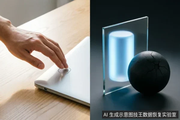 左侧画面展示一只手正在操作笔记本电脑的触控板区域,象征用户与设备的交互;右侧为抽象概念图,显示一个发光的蓝色圆柱体被透明玻璃板隔开,旁边放置着一个表面布满裂纹的黑色球体,隐喻数据故障或存储介质受损。