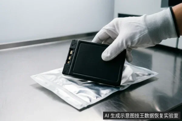 一只戴着白色防静电手套的手正拿着黑色外接硬盘,将其放置在银色防静电屏蔽袋上。背景为洁净的不锈钢操作台,展示了专业数据恢复实验室中处理故障存储介质的标准防护场景。