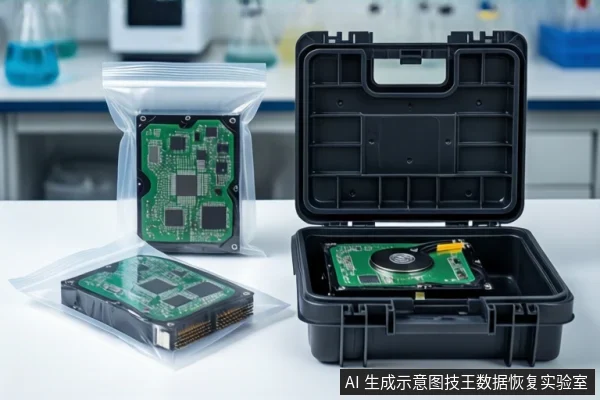 白色实验台面上,左侧有两个透明防静电袋,分别装着绿色固态硬盘电路板。右侧一个打开的黑色防震箱内放置一块机械硬盘,背景为模糊的实验室器材。