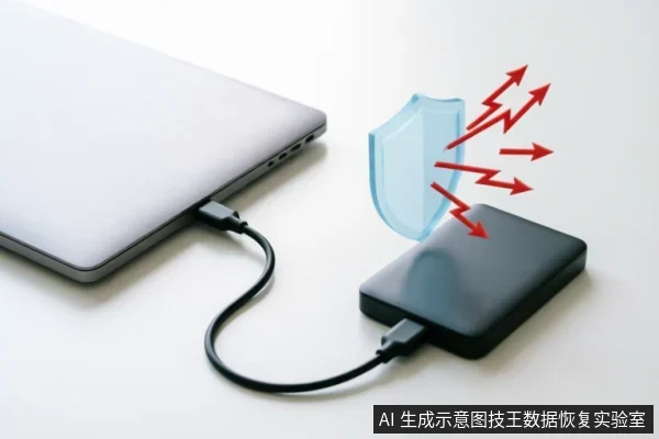 一台银色笔记本电脑通过黑色数据线连接着移动硬盘,硬盘上方悬浮着一个半透明蓝色盾牌图标,红色闪电状箭头撞击盾牌被弹开,象征数据安全防护。