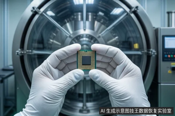 洁净室环境中,一双戴白色手套的手正握持展示一枚方形芯片,背景是一台大型圆形真空晶圆处理设备。