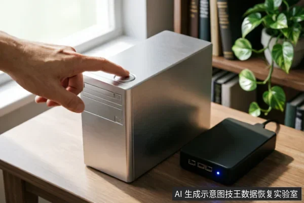 一只手指正按在银色台式电脑主机箱顶部的电源按钮上,旁边木桌上放置着一个亮着蓝灯的黑色外接移动硬盘。背景为书架和绿植,画面展示了停止通电操作及外部存储介质的场景。