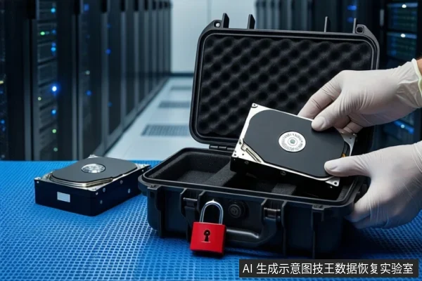蓝色防静电垫上，一双戴白手套的手正将一块机械硬盘放入打开的黑色防震箱中，箱口挂有红色挂锁，左侧平放另一块硬盘，背景为服务器机房。