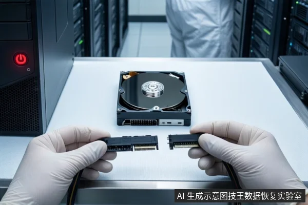 洁净室白色桌面上平放一块打开外壳的机械硬盘，前景一双戴白手套的手正持握一根黑色SATA数据线的两端接口。背景中一名穿无尘服的技术人员站在服务器机柜旁。
