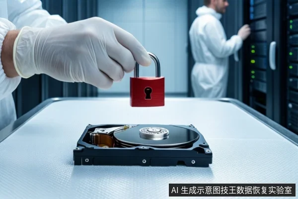 洁净室白色桌面上平放一块打开外壳的机械硬盘，前景一只戴白手套的手持红色挂锁悬停在硬盘上方。背景中一名穿无尘服的技术人员站在服务器机柜旁。