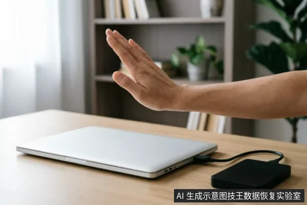 一只手掌在银色笔记本电脑前做出停止的手势,电脑侧面连接着一个黑色外接移动硬盘,背景为模糊的书架和绿植。
