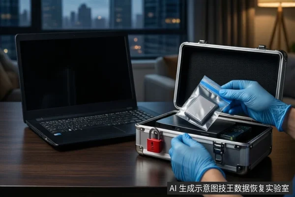 木质桌面上,戴蓝色手套的双手正从打开的银色金属防震箱中取出装有固态硬盘的透明自封袋,左侧有一台屏幕关闭的黑色笔记本电脑,背景为模糊的城市夜景。