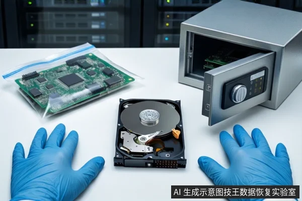 白色桌面上，前景一双戴蓝色手套的手平放。中间平放一块打开外壳的机械硬盘，左侧为袋装绿色电路板，右侧为打开的银色金属保险柜。背景为模糊的服务器机柜。