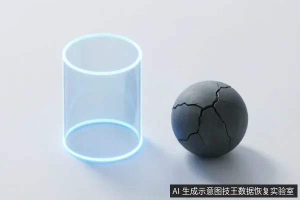 画面左侧为一个发光的蓝色透明圆柱体轮廓,右侧放置一个表面布满裂纹的深灰色球体。两者并排置于白色背景上,通过几何形态与质感的对比,抽象地展示了软件逻辑空间与物理硬件损坏之间的界限。