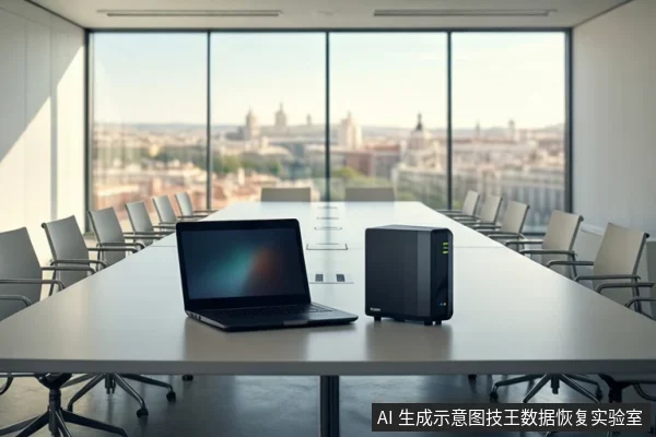 会议室长桌上放置一台打开的笔记本电脑和一台黑色塔式存储设备,背景为落地窗及城市景观。