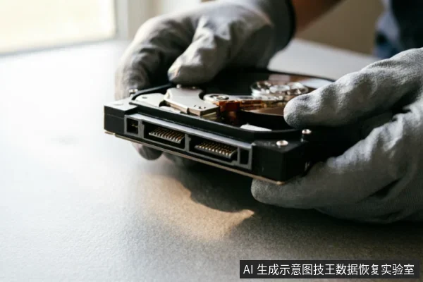 戴着灰色防静电手套的双手正托举着一块已打开上盖的机械硬盘，清晰展示了内部的磁头臂、盘片结构以及侧面的SATA数据与电源接口。画面聚焦于硬件细节，体现了专业维修或检测环境下的操作状态。