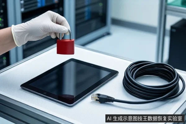 白色桌面上平放一台黑色平板电脑，右侧盘绕一根黑色网线。前景一只戴白手套的手持红色挂锁悬停在平板上方，背景为模糊的服务器机柜。