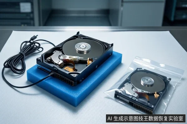 白色桌面上，蓝色泡沫垫上平放一块打开外壳的机械硬盘，左侧连接黑色线缆。右侧透明防静电袋内装有另一块打开外壳的机械硬盘，背景为模糊的服务器机柜。