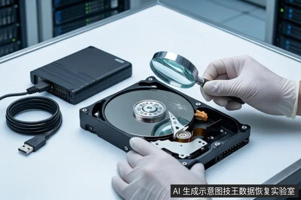 白色桌面上,左侧黑色外接硬盘盒连接着盘绕的USB线。中间平放一块打开外壳的机械硬盘,露出盘片与磁头。前景一双戴白手套的手持放大镜悬停在硬盘上方,背景为模糊的服务器机柜。