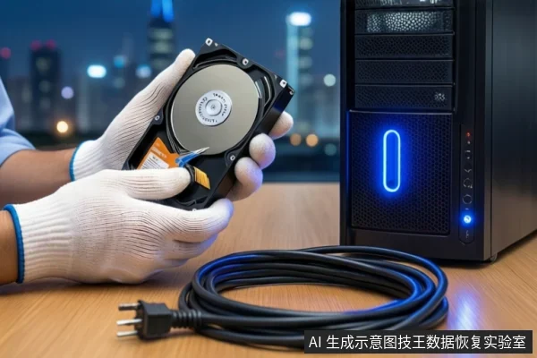 戴白手套的双手在木质桌面上持握一块裸露的机械硬盘,右侧竖立一台亮着蓝色电源按钮的黑色塔式主机,前景平放一根盘绕的黑色电源线,背景为模糊的城市夜景。