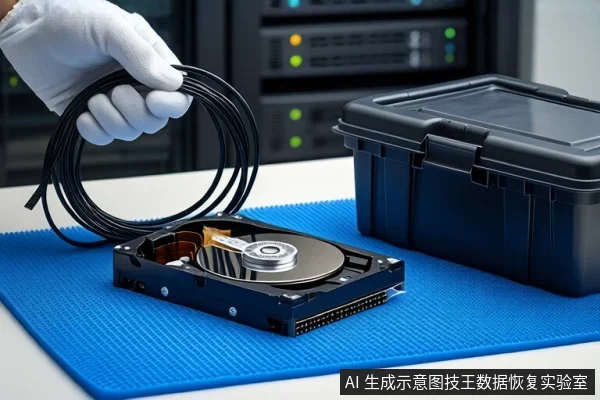 蓝色防静电垫上平放一块打开外壳的机械硬盘,右侧放置一个闭合的黑色防震箱。左侧一只戴白色手套的手握持一卷黑色线缆悬停在硬盘上方,背景为模糊的服务器机柜。