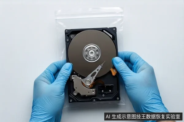 白色背景上,一双戴蓝色手套的手正持握一个透明防静电袋,袋内装有一块打开外壳的机械硬盘,可见盘片、主轴和磁头臂。