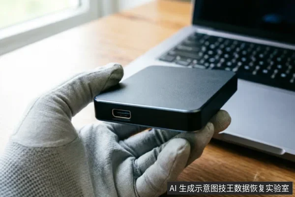 一只戴着灰色防静电手套的手在木质桌面上托举着一个黑色的移动硬盘,背景是一台打开的笔记本电脑。画面聚焦于手持硬盘的动作及侧面的USB接口,展示了数据恢复前对硬件设备的物理检查与连接排查场景。