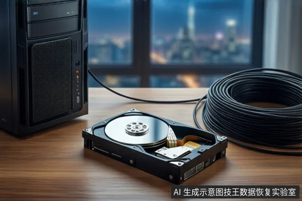 木质桌面上，左侧竖立一台黑色塔式主机，中间平放一块打开外壳的机械硬盘，右侧盘绕一根黑色线缆，背景为模糊的城市夜景。
