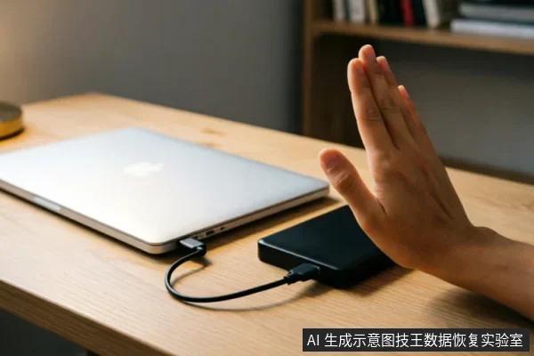 木质桌面上,一台银色笔记本电脑通过数据线连接着一个黑色移动硬盘。一只手悬停在硬盘上方张开手掌,做出停止或拒绝的手势,示意在设备故障时应立即停止操作。