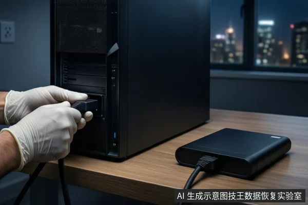 木质桌面上，左侧竖立一台黑色塔式主机，前景一双戴白手套的手正在拔插主机背部的黑色线缆。右侧平放一个黑色外接硬盘盒，连接着黑色USB线。背景为模糊的窗户和城市夜景。