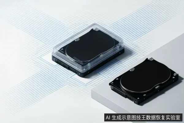 画面中展示两块机械硬盘:左侧硬盘置于透明塑料保护盒内,右侧为裸露硬盘,背景为浅色电路板纹理图案。