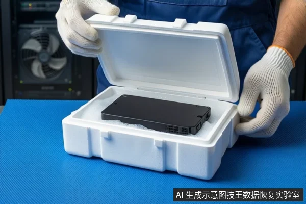 蓝色防静电垫上放置一个打开的白色防震箱，内部白色泡沫中平放一块黑色移动硬盘。一双戴白色手套的手正扶握防震箱盖。背景可见服务器机柜风扇。