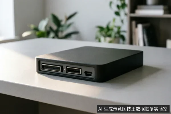 一个黑色的长方形移动硬盘盒或存储设备静置在白色桌面上，侧面清晰可见两个并排的接口（类似SATA或USB扩展口）及一个小孔。背景虚化，可见绿植和书架，光线明亮，展示了保持原状待检测的存储介质外观。
