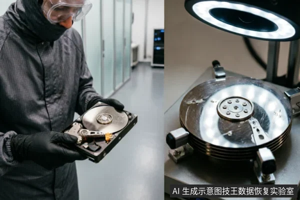 A technician in a cleanroom suit holds an open hard drive, while a magnified view shows the platters under a ring light for professional inspection.