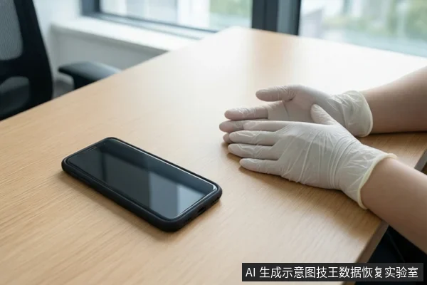 木质桌面上平放一部黑屏智能手机，右侧一双戴白色手套的手平放在桌面上，背景为模糊的窗户和办公椅。