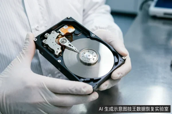 一双戴着白色专业防护手套的手托举着一块已打开外壳的机械硬盘,清晰展示了内部的金属磁盘盘片与读写磁头组件。背景为模糊的金属操作台,体现了在洁净环境下对精密存储介质进行专业检查或维护的场景。