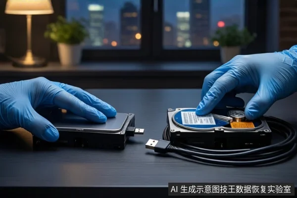 深色桌面上,一双戴蓝色手套的手分别触碰左侧黑色移动硬盘和右侧打开外壳的机械硬盘,中间连接一根USB数据线,背景为模糊的城市夜景和台灯。