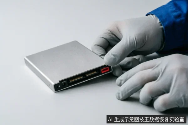 戴着白色防静电手套的双手正在操作一块银色金属外壳的2.5英寸硬盘。画面特写展示了硬盘侧面的SATA数据接口、电源接口及红色USB转接模块,背景简洁,体现了专业硬件检测或连接的场景。