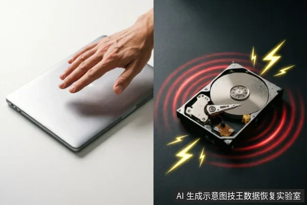 左侧展示一只手正从银色笔记本电脑上移开，象征立即断开设备连接；右侧为内部结构裸露的机械硬盘，伴有红色震动波纹和黄色闪电特效，直观表现硬件故障、异常声响或物理损伤状态。