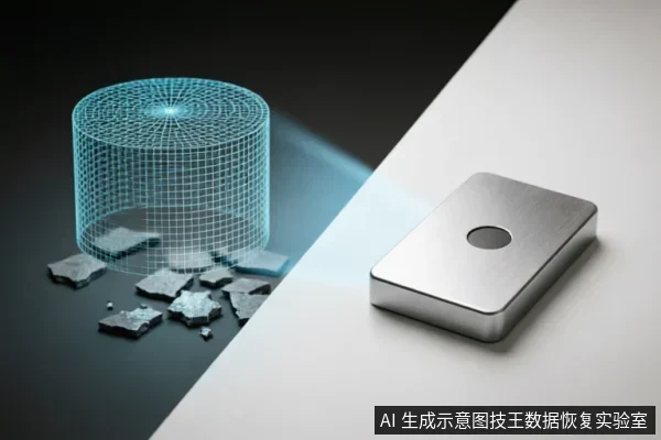 画面展示了一个银色金属矩形存储设备，正投射出蓝色网格状的光束，将左侧深色背景中破碎的块状物重组为一个完整的圆柱体数据模型。