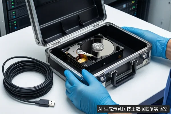 洁净室白色桌面上，戴蓝色手套的双手正持握一个打开的银色金属防震箱，箱内放置一块打开外壳的机械硬盘，左侧盘绕一根黑色USB数据线，背景可见服务器机柜。
