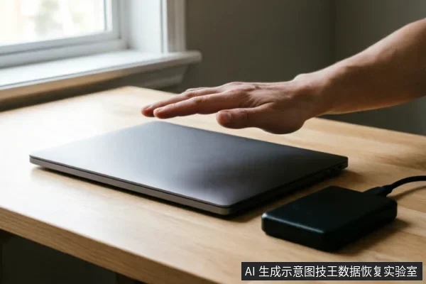 一只悬停在闭合笔记本电脑上方的手,旁边连接着黑色移动硬盘,示意在遇到数据故障时立即停止操作、切断电源或避免触碰,防止数据被覆盖。
