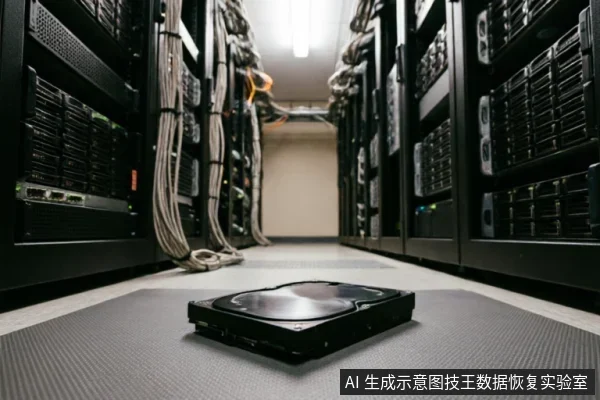 一块3.5英寸机械硬盘被放置在数据中心服务器机房的灰色防静电地垫上，背景是排列整齐且布满线缆的服务器机柜，营造出专业数据存储与硬件故障的场景氛围。