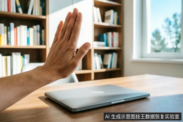 一只手掌在闭合的笔记本电脑前做出明显的停止手势,示意拒绝或中断操作。背景为模糊的书架和窗户,光线明亮。画面直观传达了在设备故障时立即停止通电、避免进一步损坏的紧急止损概念。