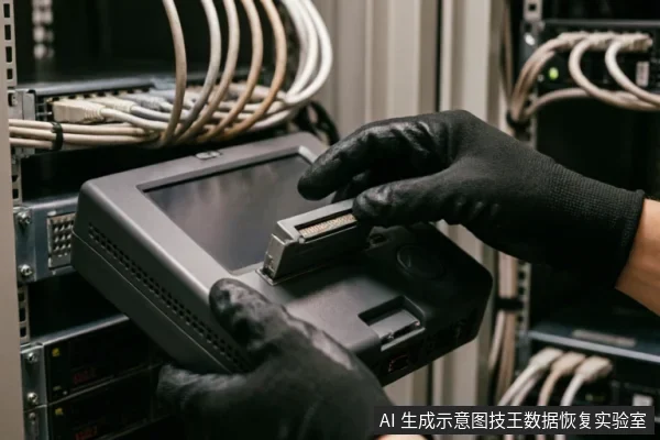 戴着黑色防静电手套的技术人员双手持握一台带有屏幕的便携式硬盘检测盒,正将一块机械硬盘插入设备接口。背景为服务器机柜及理线整齐的网线,呈现专业的数据恢复硬件检测环境。