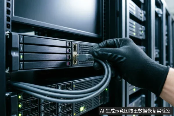 一只戴着黑色防静电手套的手正在将网线插入机架式服务器的网络接口。背景为数据中心服务器机柜，设备指示灯亮起，展示了专业的硬件物理连接与检测环境。
